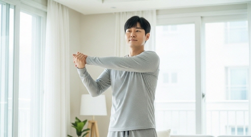 간단한 운동복을 입고 스트레칭하는 한국 남성