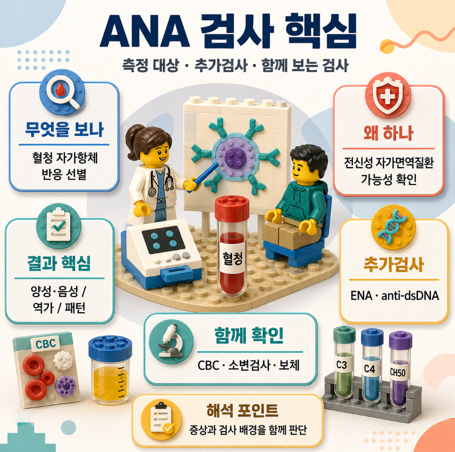 ANA 검사 핵심: 측정 대상과 추가검사, CBC·소변검사·보체를 함께 확인하는 이유를 설명한 레고 스타일 메디컬 인포그래픽