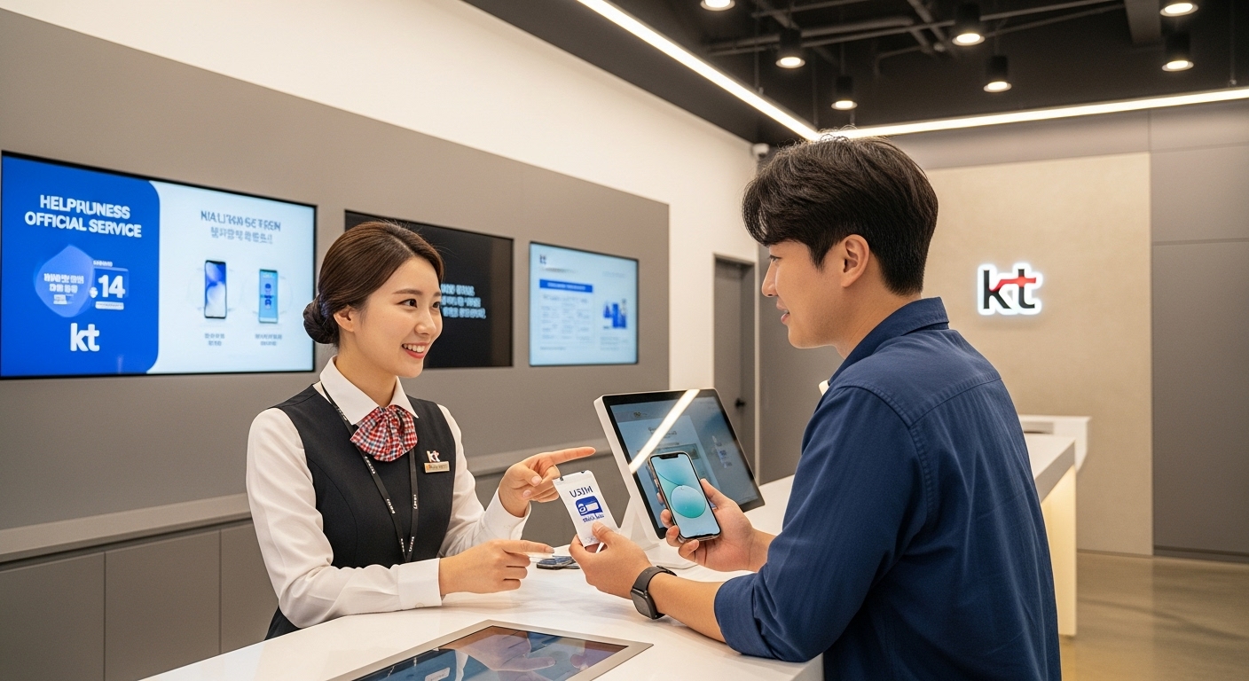 KT 플라자에서 직원이 고객에게 새로운 유심을 건네며 교체를 돕는 모습.
