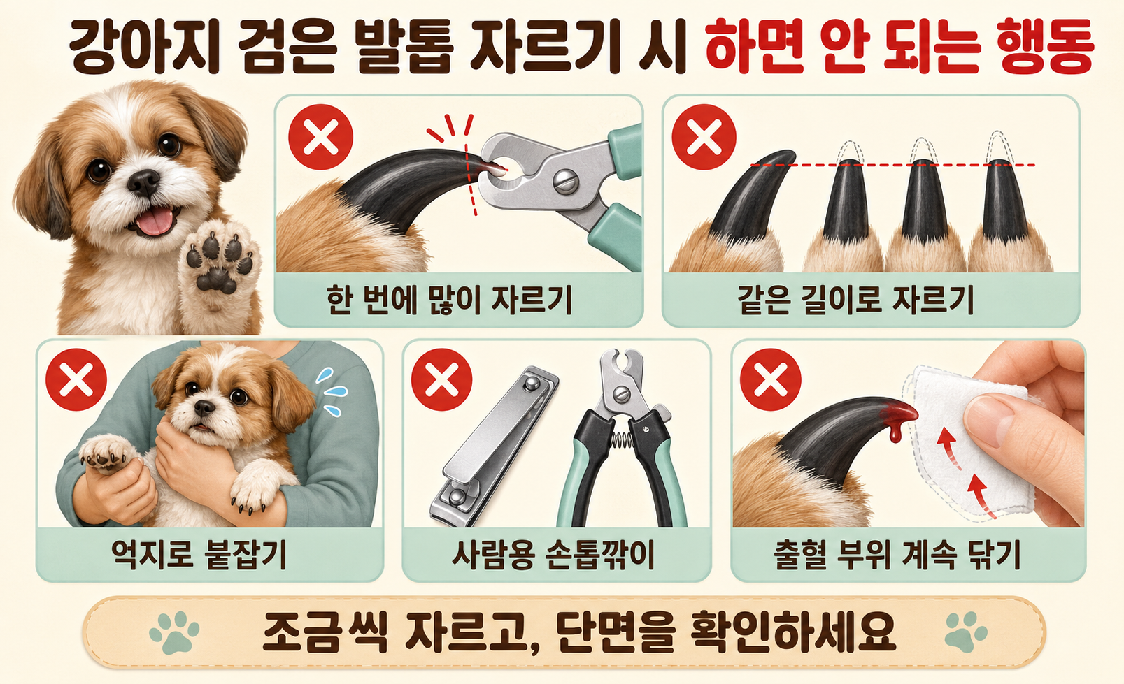 강아지 검은 발톱 자를 때 한 번에 많이 자르기와 억지로 붙잡기 등 하면 안 되는 행동 이미지