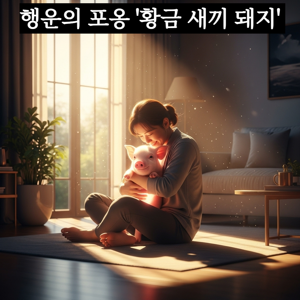 아늑하고 따뜻한 햇살이 비치는 거실에서 한 사람이 분홍색 새끼 돼지를 소중하게 품에 안고 행복한 미소를 짓고 있는 풍요로운 분위기의 일러스트