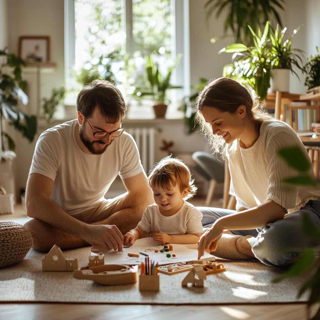 아이와 놀고 있는 부모 사진