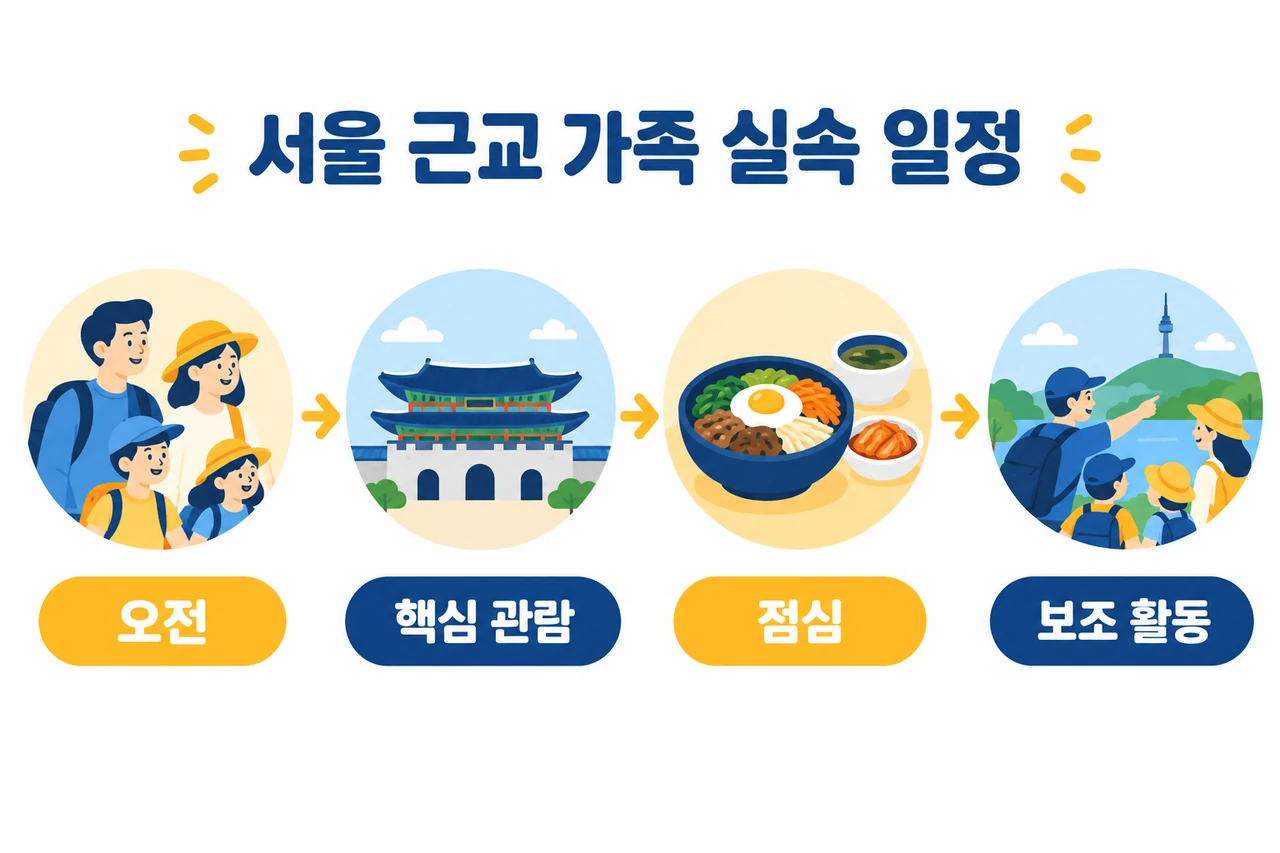 서울 근교 초등학생 자녀 4인 가족 당일치기 코스 infographic showing 오전 핵심 관람, 점심, and 오후 보조 활동.
