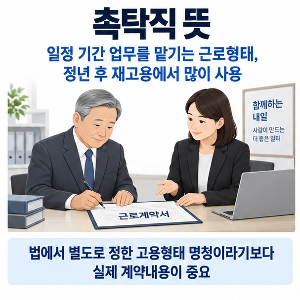 촉탁직 뜻이라는 제목과 정년퇴직 후 새 근로계약서를 작성하는 근로자와 회사를 표현한 대표 이미지