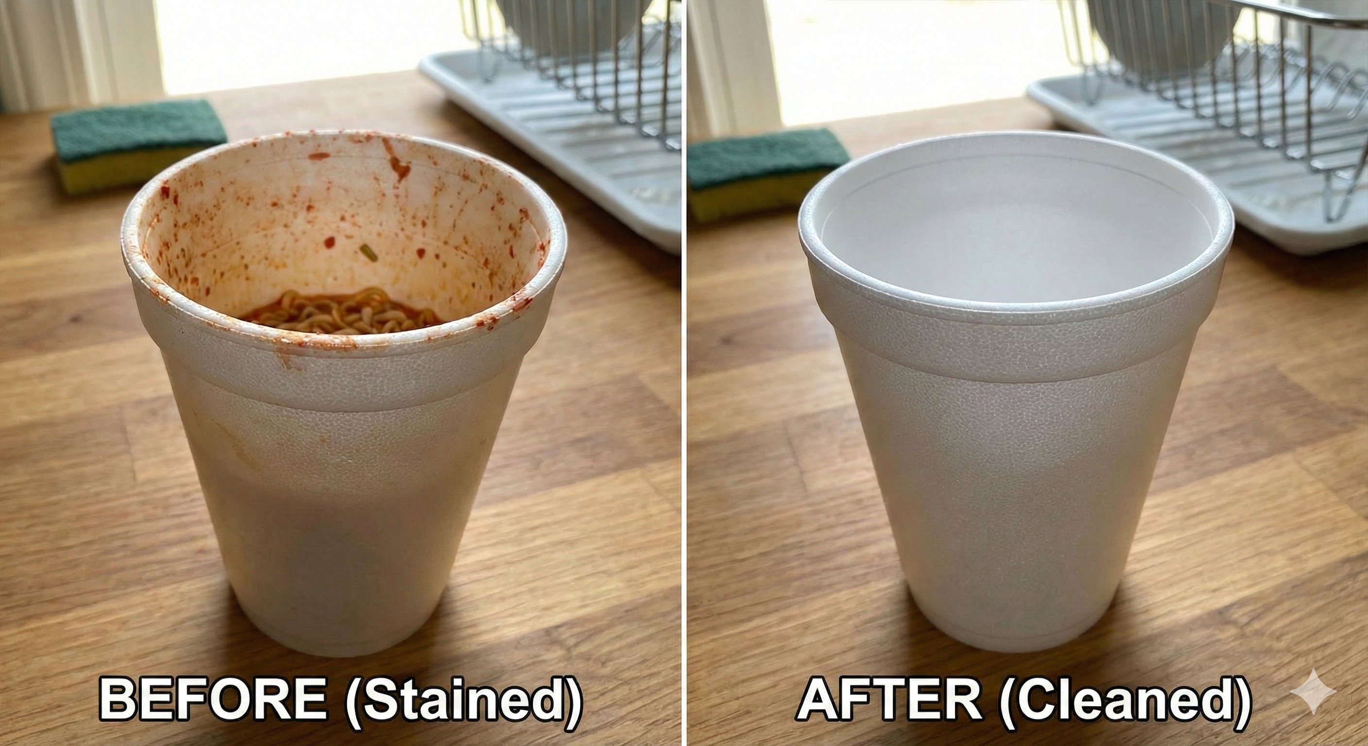 컵라면 국물이 묻어있는 컵라면용기와 깨끗한 용기