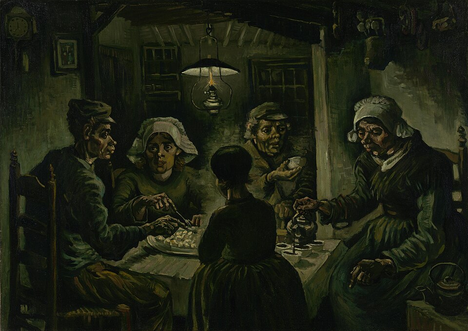 빈센트 반 고흐의 1885년 작품 《감자 먹는 사람들》, 어두운 실내에서 농민 가족이 등불 아래 둘러앉아 감자를 먹는 모습