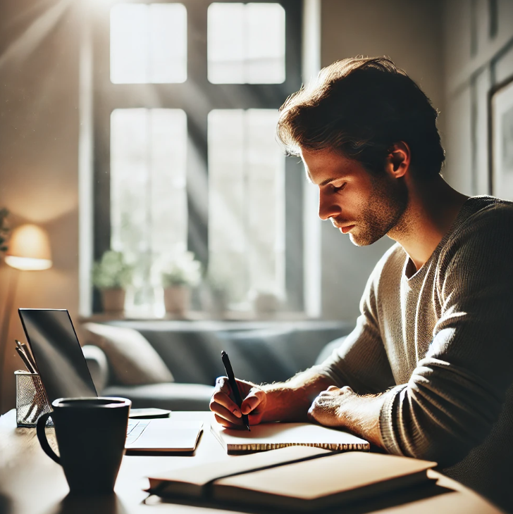 햇살이 비추는 조용한 공간에서 노트북과 노트로 몰입 업무 중인 남성 – 딥워크를 실천하며 집중력을 높이는 장면