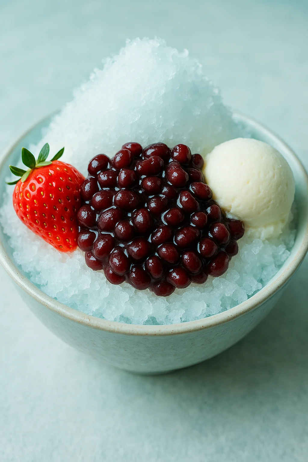 상단에 잘게 간 얼음이 소복이 올라간 팥빙수, 한쪽에 새빨간 딸기와 아이스크림, 중앙에 통팥이 듬뿍 얹힌 여름 디저트, 상큼하고 시원한 분위기의 고해상도 음식 사진 스타일