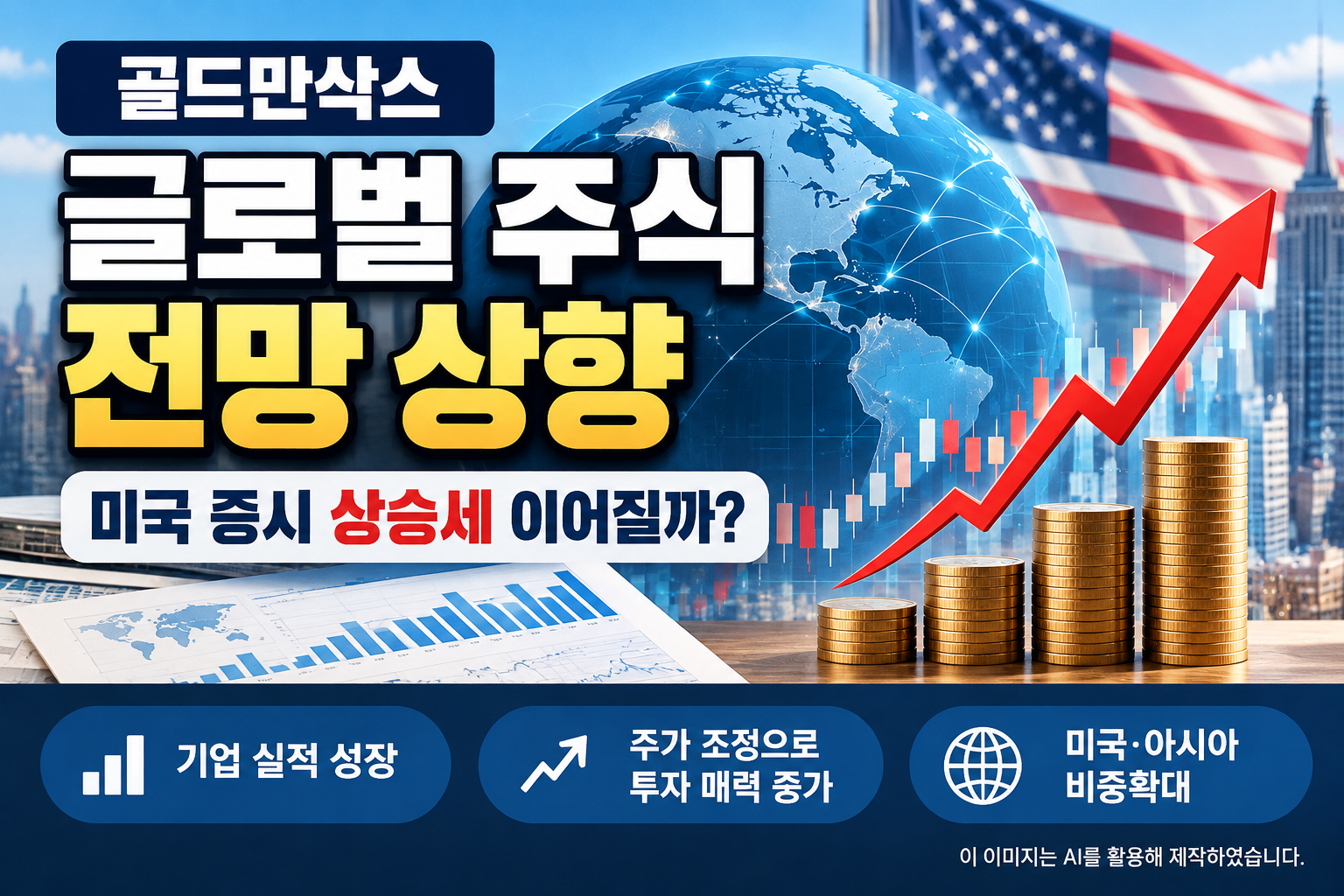 골드만삭스 글로벌 주식 전망 상향과 미국 증시 상승 가능성, 기업 실적 성장, 투자 매력 증가 및 미국·아시아 주식 비중확대 전략을 정리한 이미지