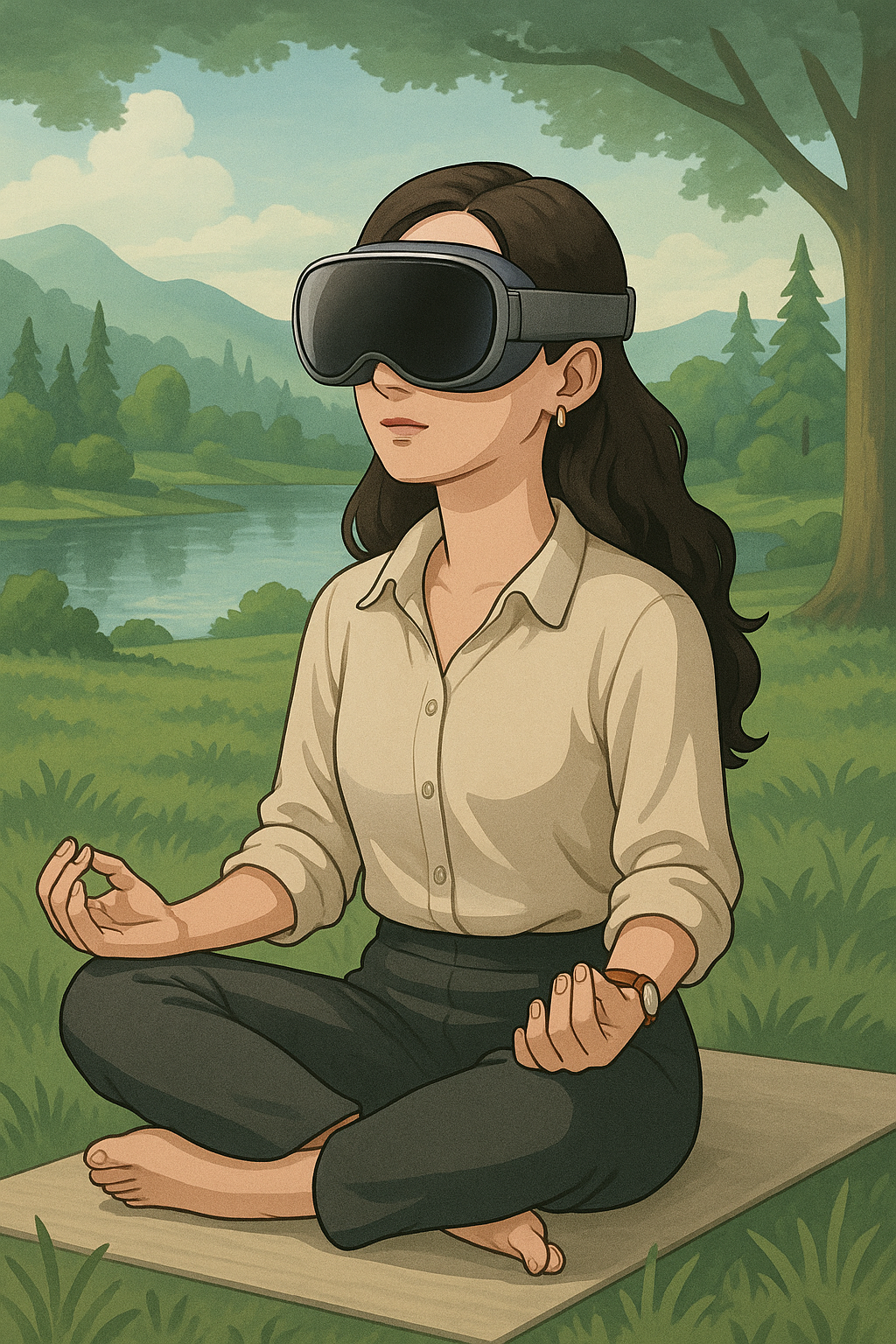 “VR 공간 속 명상하는 여성 – 조용한 감각의 회복”