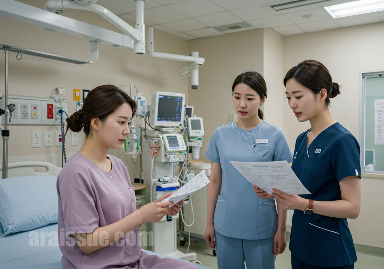 한국 여성, 수술비와 입원비를 확인하는 장면. 현대적 병실에서 비용을 확인하는 모습.