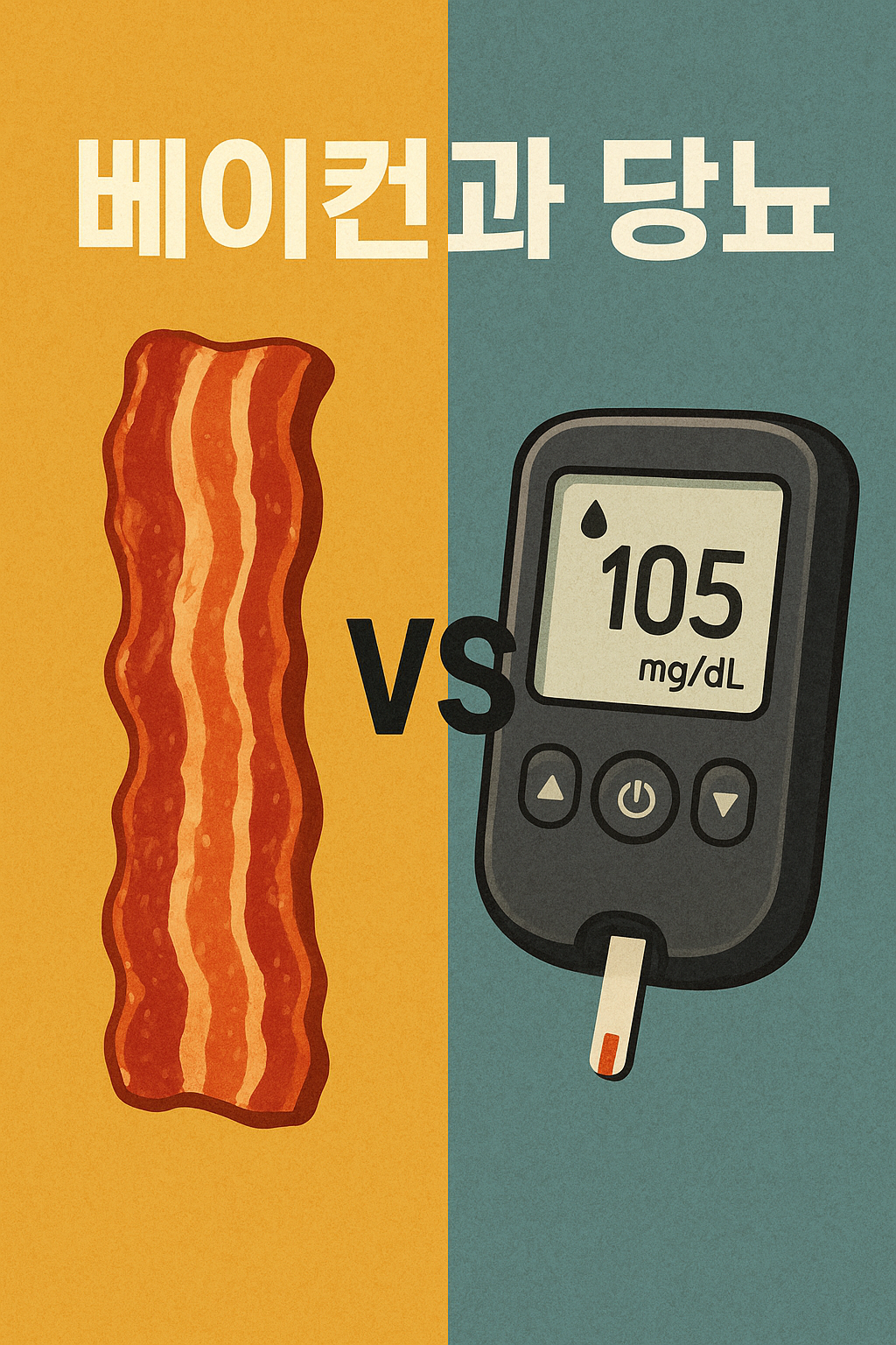 노란색과 청록색으로 나뉜 배경 위에 왼쪽에는 바삭한 베이컨 조각, 오른쪽에는 105mg/dL 수치를 표시한 혈당 측정기가 배치되어 있으며, 중앙에는 ‘VS’ 글자가 강조된 이미지. 상단에는 한글로 ‘베이컨과 당뇨’라는 문구가 적혀 있음.