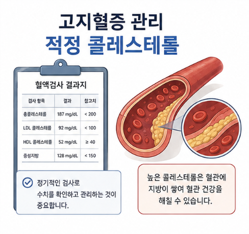 혈액검사 결과와 혈관을 이용해 고지혈증 관리에 필요한 적정 콜레스테롤 수치를 안내한 이미지