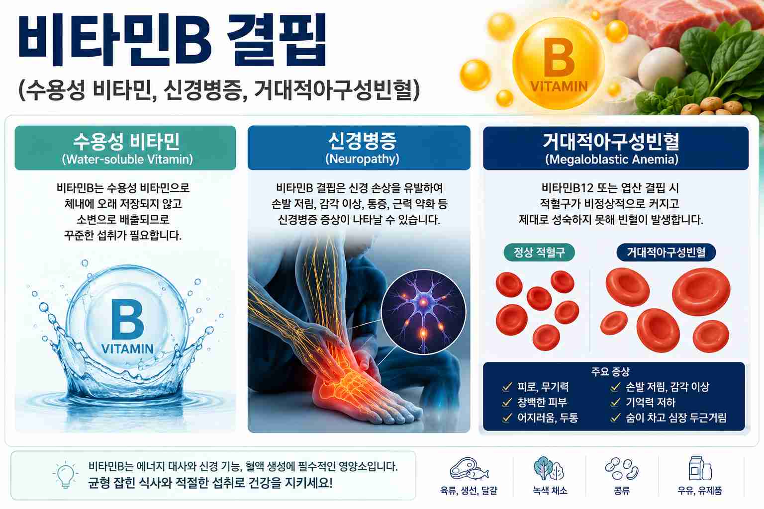 비타민B 결핍으로 인한 수용성 비타민 부족, 신경병증, 거대적아구성빈혈 설명 이미지