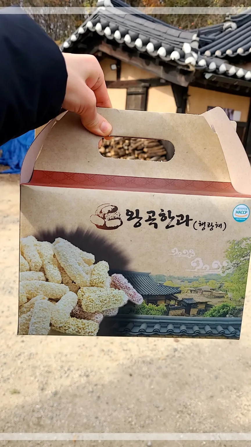 왕곡한과박스를 들고있는 여자의 손, 뒤로는 기와집과 나무들
