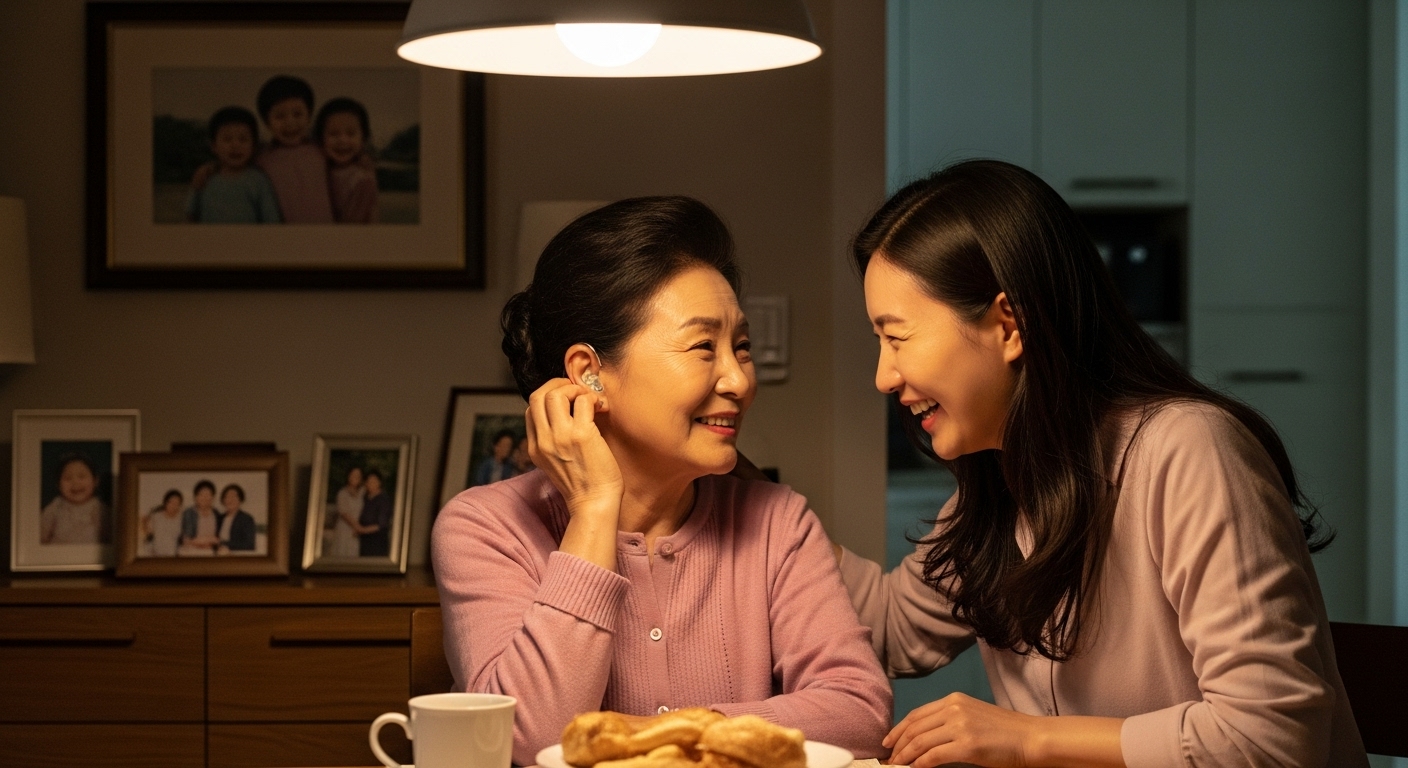 보청기를 착용한 어머니와 딸이 식탁에서 웃으며 대화하는 장면. 청력 회복으로 가족의 소통이 회복된 순간