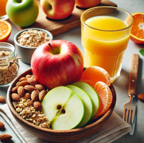 아침에 먹으면 좋은 음식 - 사과, 오트밀, 견과류, 오렌지