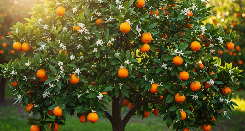 오렌지 나무 전체(열매, 꽃, 잎사귀)가 아름답게 어우러진 모습