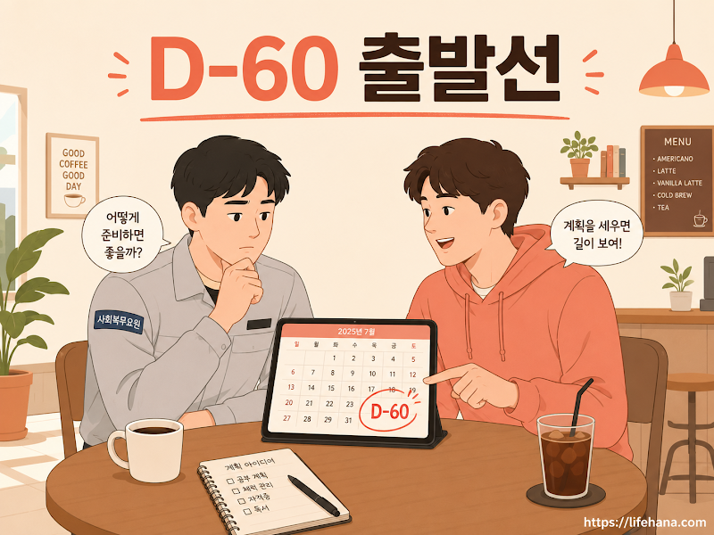 전역을 두 달 앞두고 행정망 노트북을 켜서 국민취업지원제도 조기 청약을 준비하는 성실한 사회복무요원 청년의 일상 일러스트