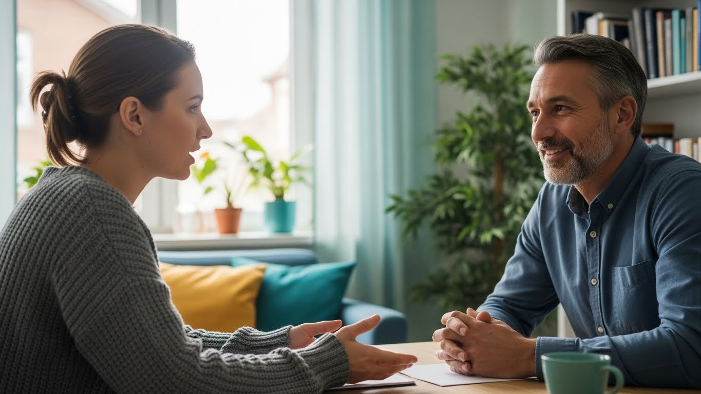 정신 건강 전문가와 상담하며 회복 탄력성을 키우는 모습