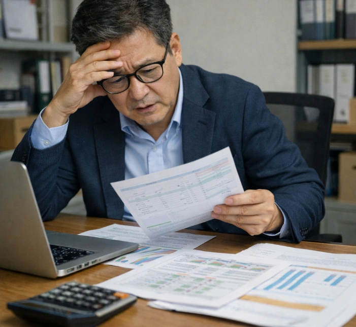 사무실에서 인건비와 매출 자료를 계산하며 고용유지지원금 자격 박탈을 걱정하는 40~50대 한국 사업장 대표