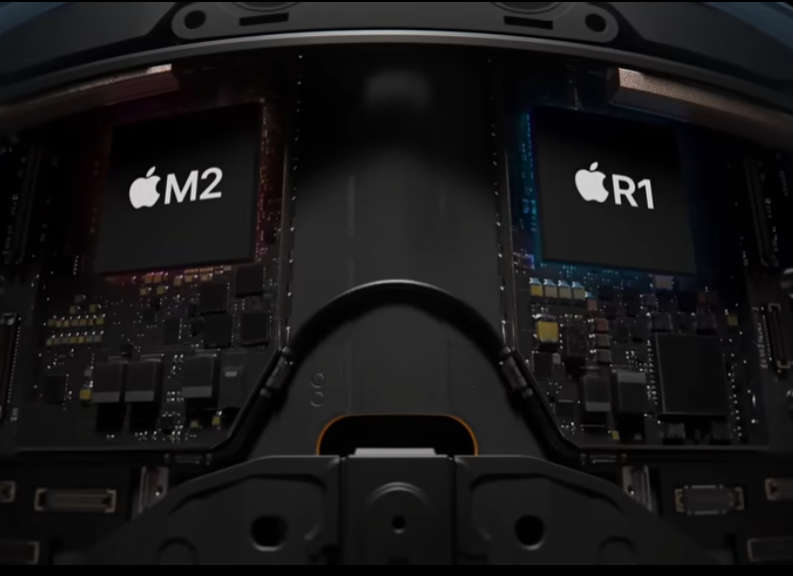 애플 비전에 탑재된 M2, R1 칩셋을 표현한 사진