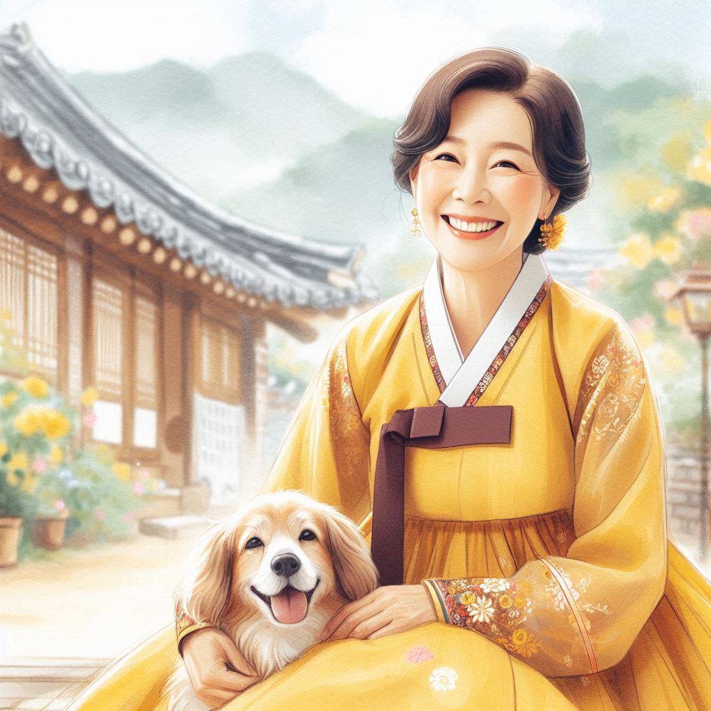 행복하게 웃고 있는 50대 한국인 여성, 노란색한복을 입고 전통 정원에 앉아있는 모습, 부드러운 수채화 스타일, 따뜻하고 밝은 분위기,그림에 강아지도 한 마리 추가해 줘