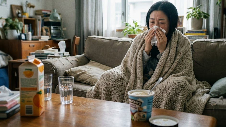 감기걸린 사람이 차가운 음식을 먹는 이미지