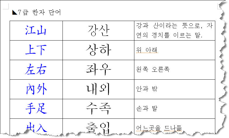 7급한자 단어 견본 이미지