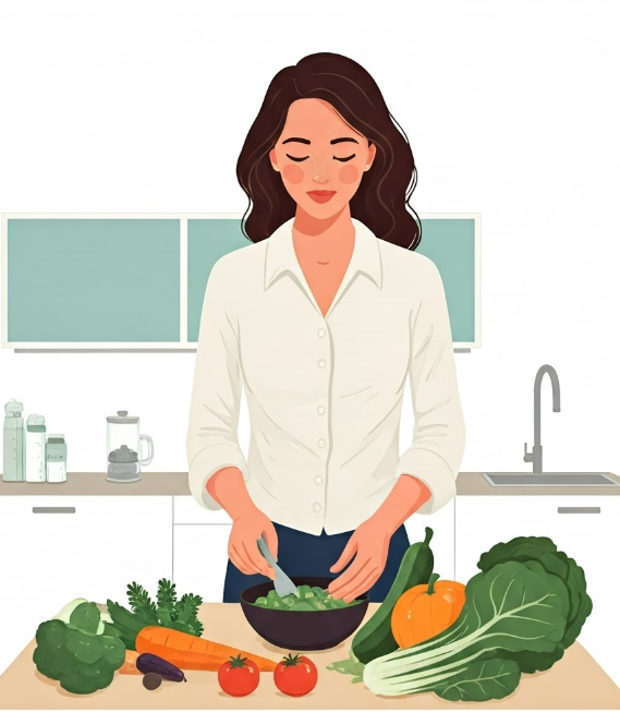 여성 건강 식단 음식을 준비하는 여성 그림