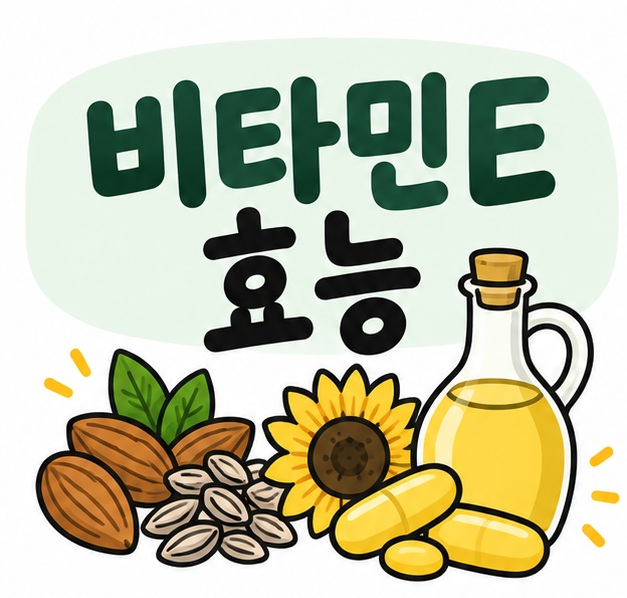 아몬드와 해바라기씨, 비타민E 캡슐 아이콘 옆에 비타민E 효능이라는 제목이 크게 적힌 대표 썸네일
