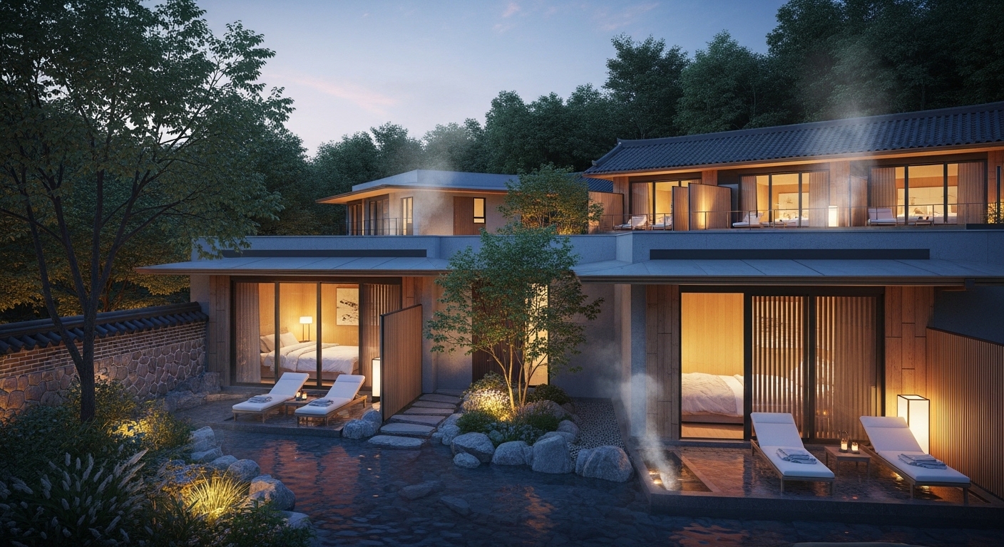 한국 전통 한옥과 현대적인 디자인이 조화를 이룬 유원재 온천호텔의 전경. 따뜻한 김이 피어오르는 야외 개별 온천탕과 푸른 자연이 어우러져 평화롭고 고급스러운 분위기를 연출합니다.