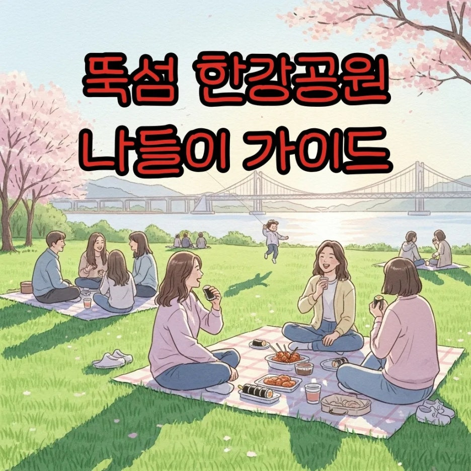 푸른 잔디밭에서 소풍을 즐기는 평화로운 한강공원의 수채화 풍경