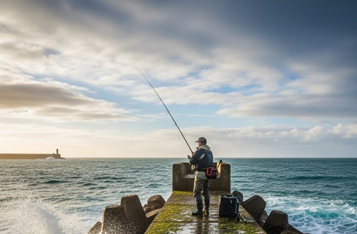 방파제에서 낚시하는 사진