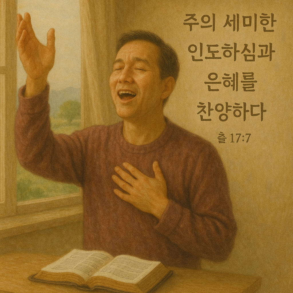 출 17:7 말씀을 따라 하나님의 역사하심을 만나고 경험하면서도 하나님이 어디에 계시는지를 물으며 믿음없음을 드러냈던 이스라엘 민족의 삶을 통해&amp;#44; 하나님의 역사하심을 오히려 적극적으로 드러내고 하나님의 인도하심을 따라 하나님의 세미한 인도하심과 은혜를 찬양하는 삶을 살아가려는 적극적인 시도를 하는 모습입니다.