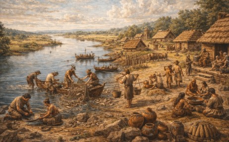 고대 볼가강 유역에 형성된 강변 정착 공동체로 협동 생활을 이어가는 모습