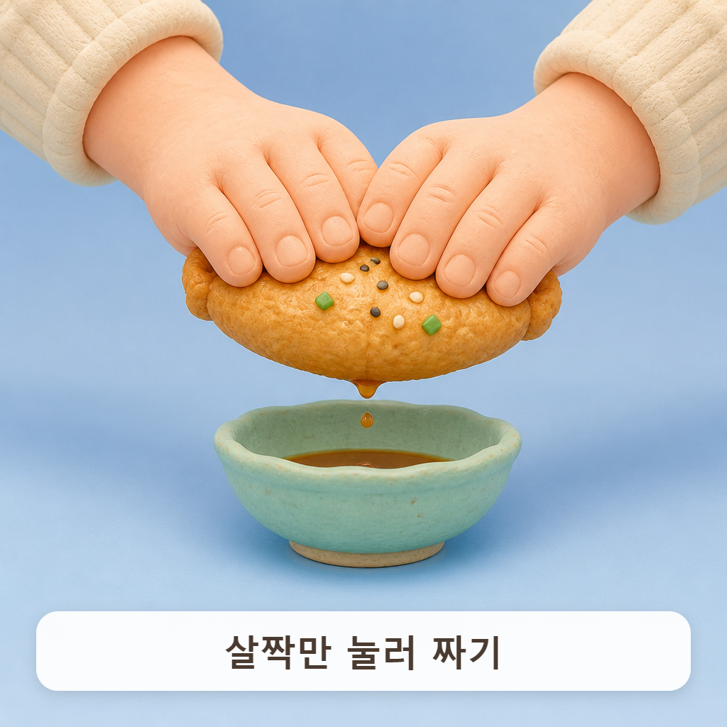 두 손바닥 사이에 유부를 끼워 살짝 누르는 모습