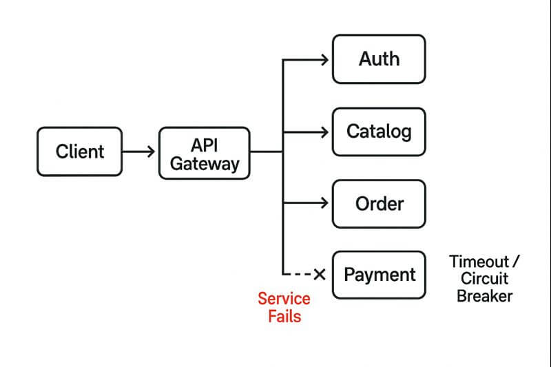 클라이언트 요청이 API 게이트웨이를 거쳐 여러 마이크로서비스로 분기되고, 특정 서비스 장애 시 타임아웃과 회로 차단기로 전파를 막아 핵심 기능을 유지하는 흐름을 나타낸 다이어그램