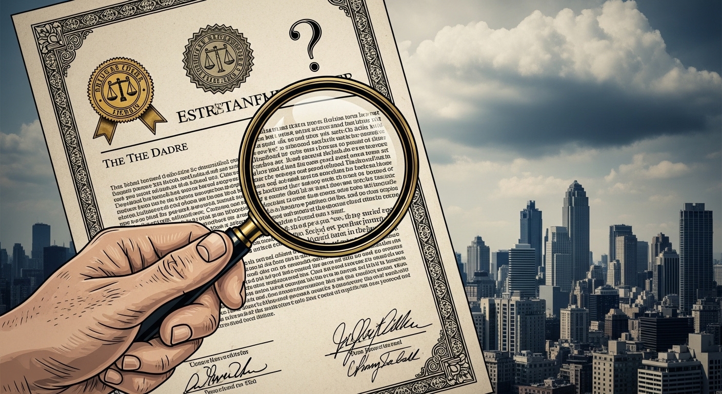 공식 서류와 확대한 돋보기를 든 손이 규제 절차의 적법성을 따지는 모습을 나타내며, 법적 심사를 상징합니다.