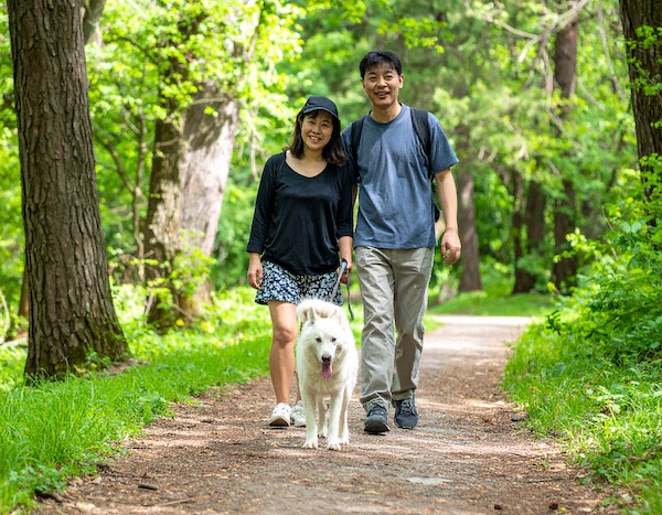 야생화 피는 숲속을 반려견과 걷는 모습