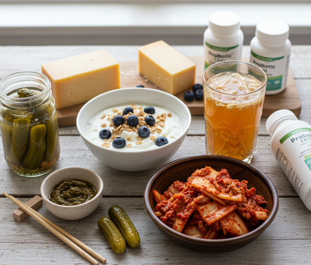 김치, 요거트, 피클 등 유산균이 풍부한 발효식품과 프로바이오틱스 영양제