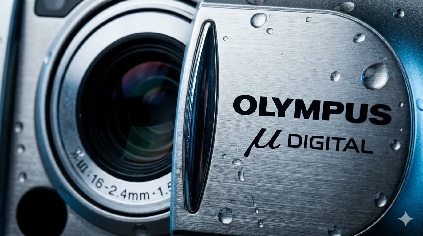 올림푸스 뮤 디지털 카메라의 금속 외관과 렌즈 보호 슬라이딩 덮개에 물방울이 맺혀 있는 근접 촬영 매크로 이미지.