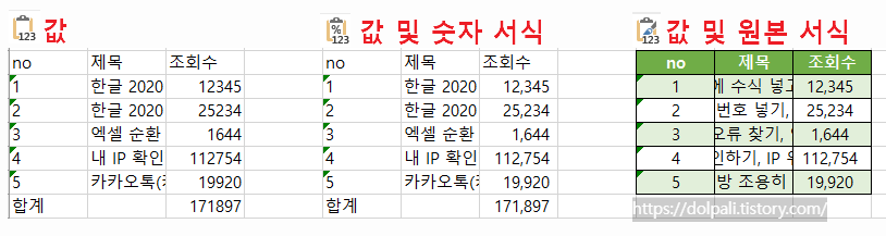 선택하여 붙여넣기의 종류와 차이점 -값 붙여넣기
