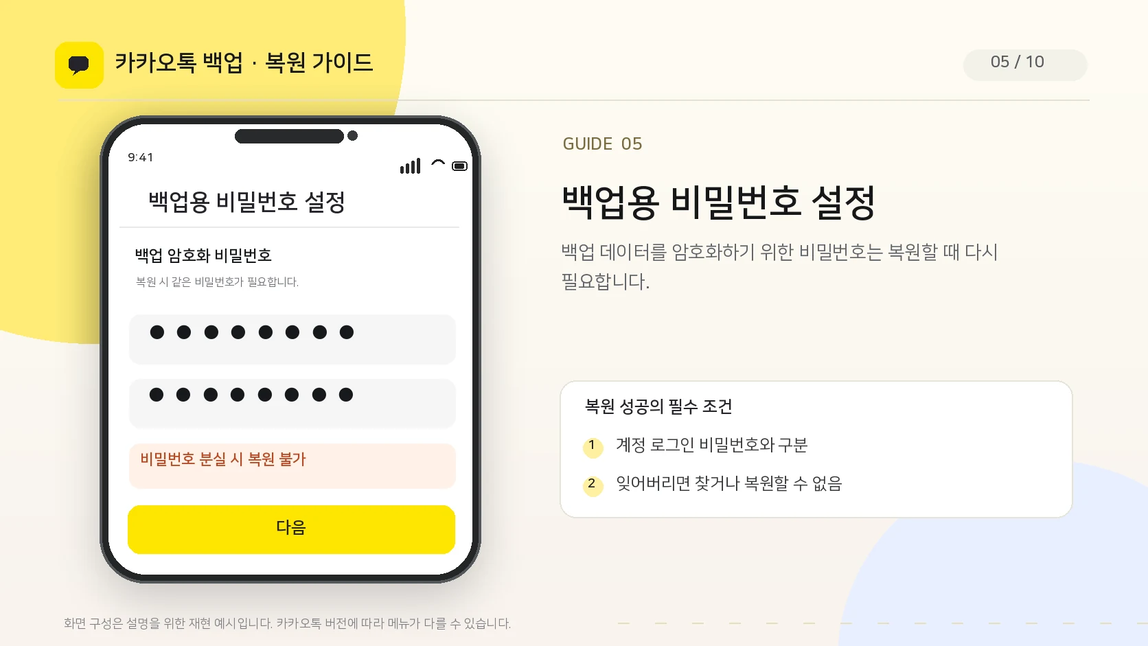 카카오톡 무료 대화 백업용 암호화 비밀번호 설정 화면 UI 안내