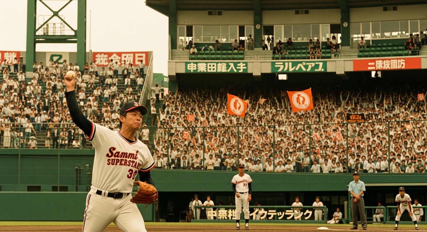 1980년대 초 삼미 슈퍼스타즈 투수가 공을 던지고 있고, 열정적인 팬들이 가득 찬 야구장 전경. 추억과 열정이 느껴지는 장면.