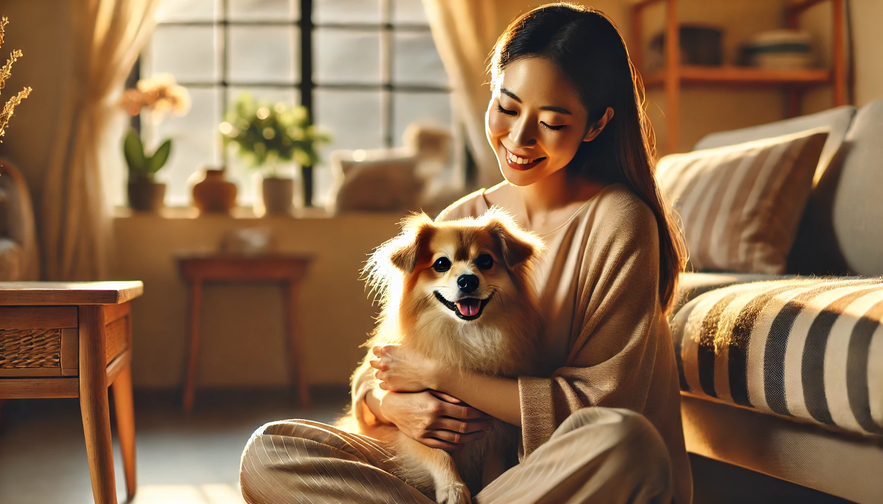 여성과 강아지가 스킨십을 나누는 장면