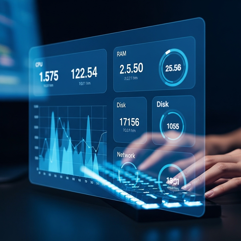 CPU, 메모리, 디스크, 네트워크 사용량이 표시된 윈도우 작업 관리자 성능 탭 대시보드 화면. 푸른색과 회색 톤의 깔끔한 디자인으로 시스템 상태를 시각적으로 보여줍니다.