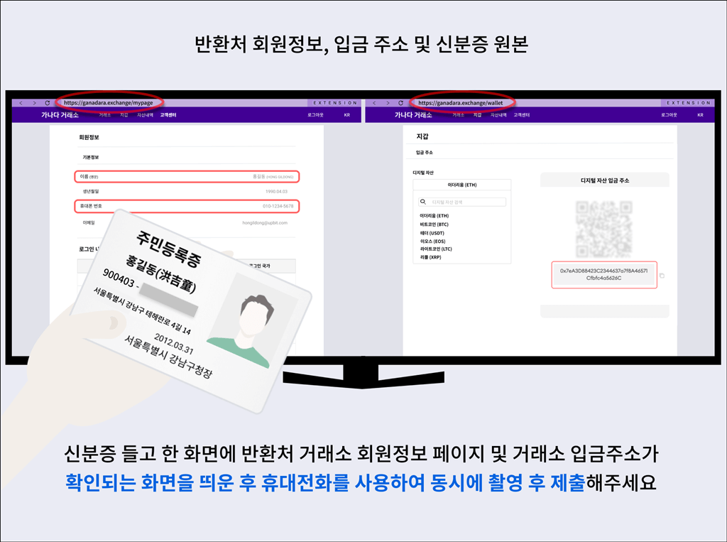 반환처 회원정보, 신분증, 지갑주소가 동시에 나오도록 촬영하라는 예시