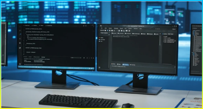 데이터 센터의 컴퓨터 화면에서 실행되는 코드 줄로, 서버 행의 랙 마운트 문제를 해결하는 데 사용. PC에서 작동하는 스크립트 클로즈업 샷은 하드웨어 업그레이드를 모니터링.