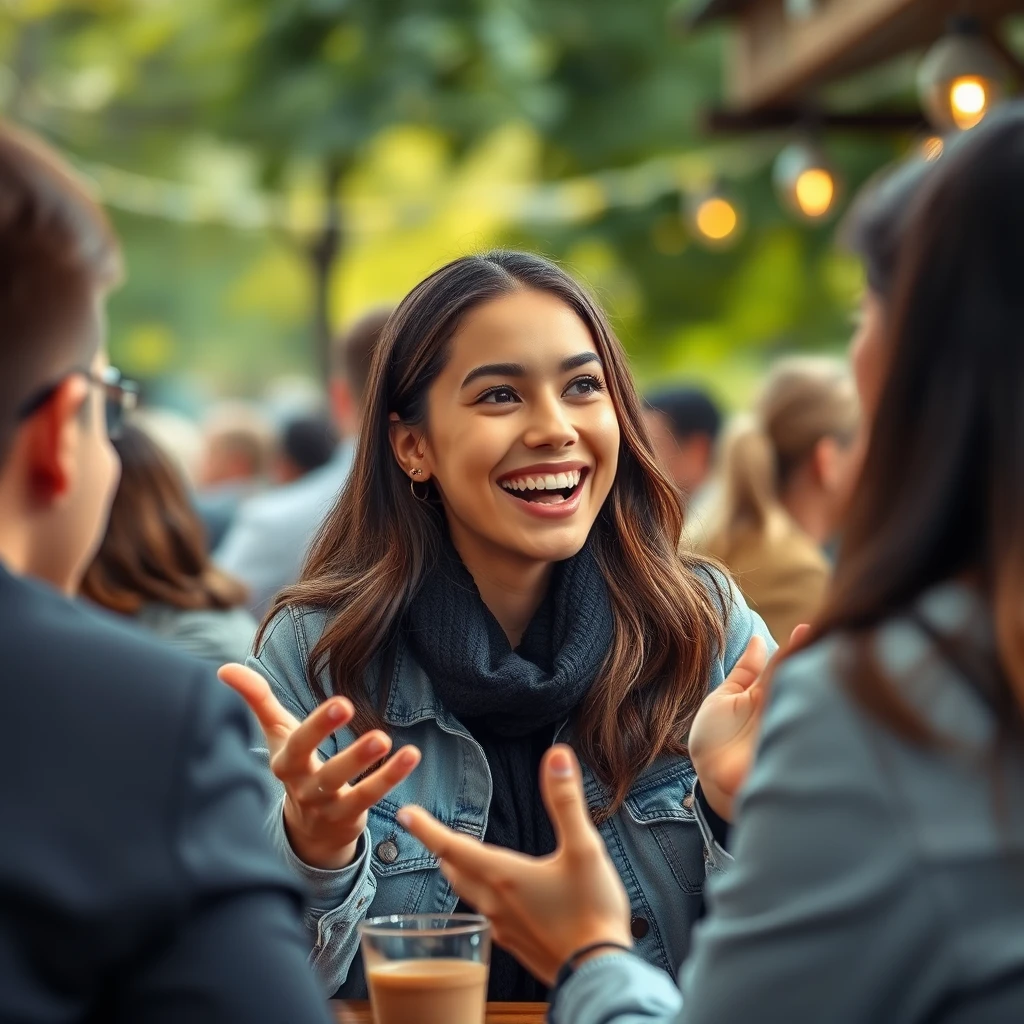사람들과 해맑게 웃고 있는 여성의 모습